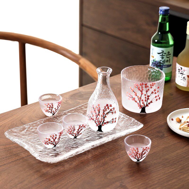 手绘樱花树玻璃酒具套装白酒黄酒杯子家用一两烈酒杯温酒壶清酒壶