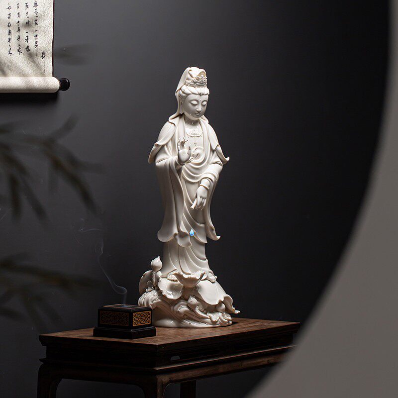 久造中式禅意白瓷滴水观音菩萨摆件家居客厅陶瓷大号佛像站像摆设