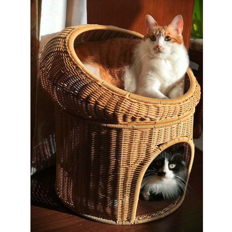 猫窝四季通用封闭式夏季双层猫床别墅猫房子狗窝猫爬架可拆洗藤编