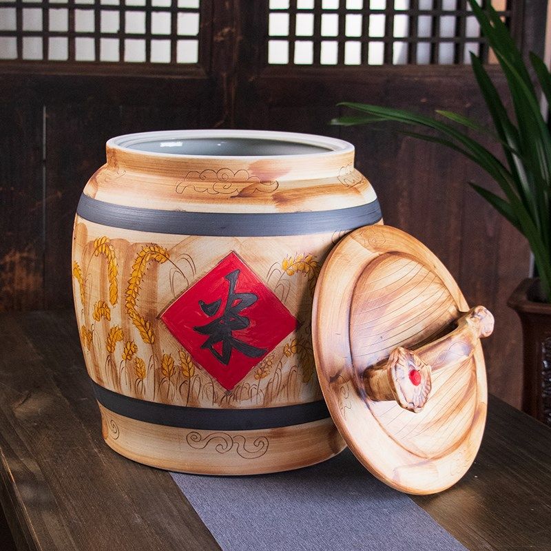 景德镇陶瓷米缸油缸面粉桶10斤20\/30\/50带盖家用密封存茶叶储物