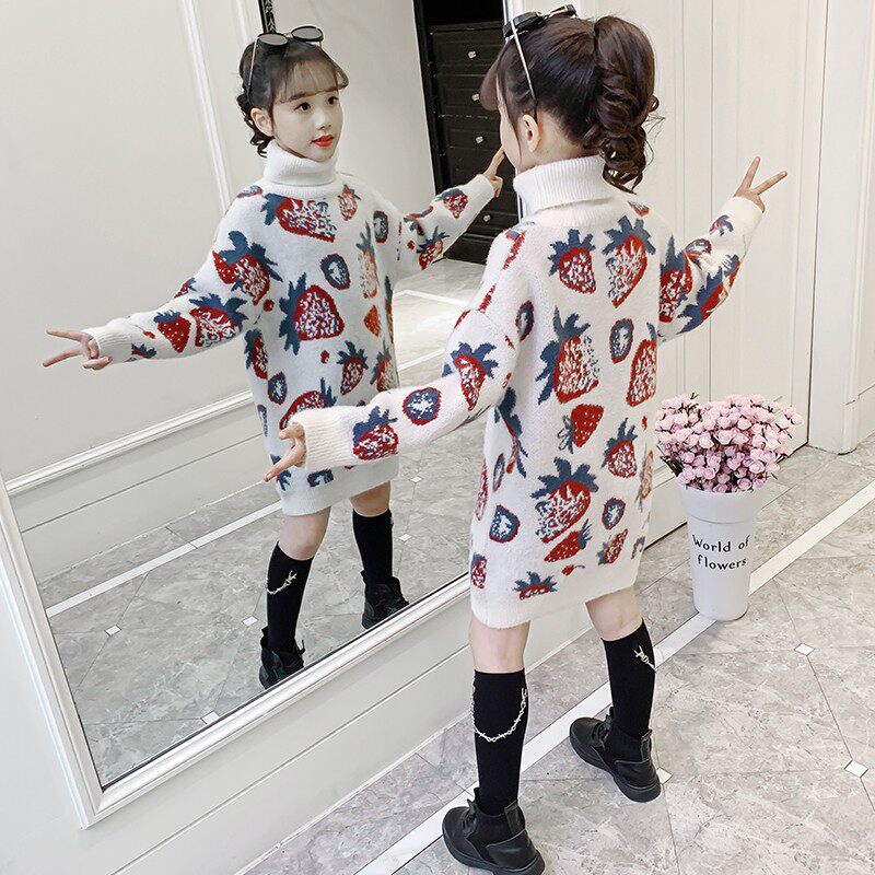 女童毛衣裙2021新款冬季加长款洋气翻领仿貂绒新年装加厚绒毛毛衣