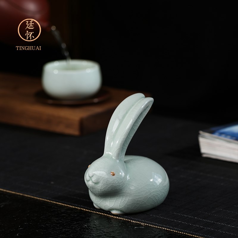 廷怀窑汝窑兔子茶艺茶桌上的茶宠摆件精品可养创意汝瓷茶具小摆件