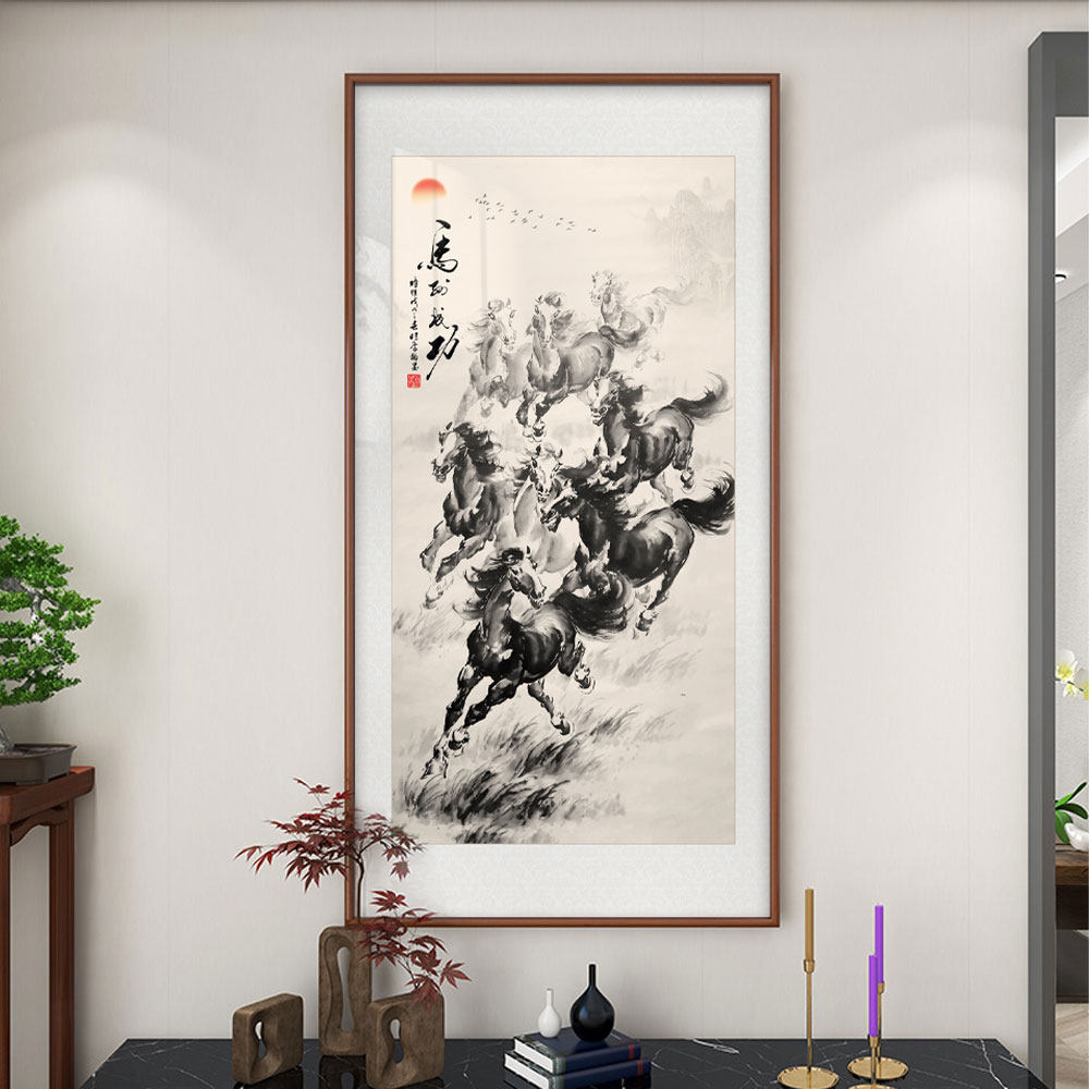 八骏图竖版马到成功国画入户玄关装饰画万马奔腾客厅壁画书房挂画