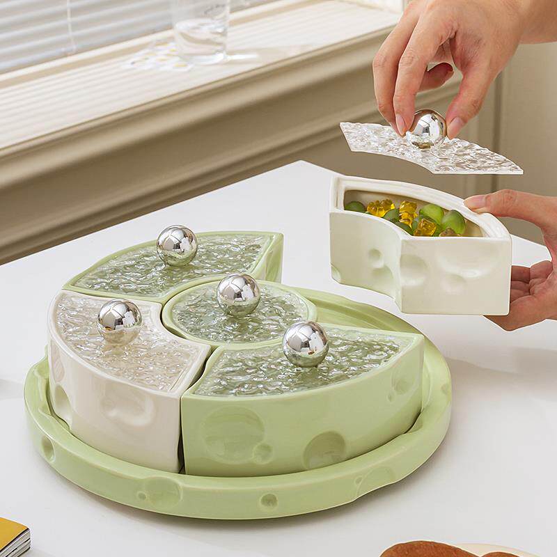 奶油风干果盘分格带盖客厅茶几家用高颜值零食盘糖果盒水果盘拼盘