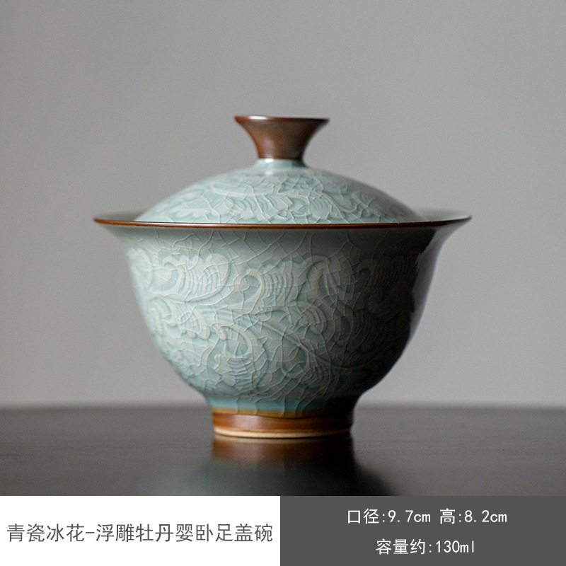 蜜合釉浮雕牡丹婴三才盖碗茶杯单个陶瓷茶碗带盖不烫手家用泡茶器