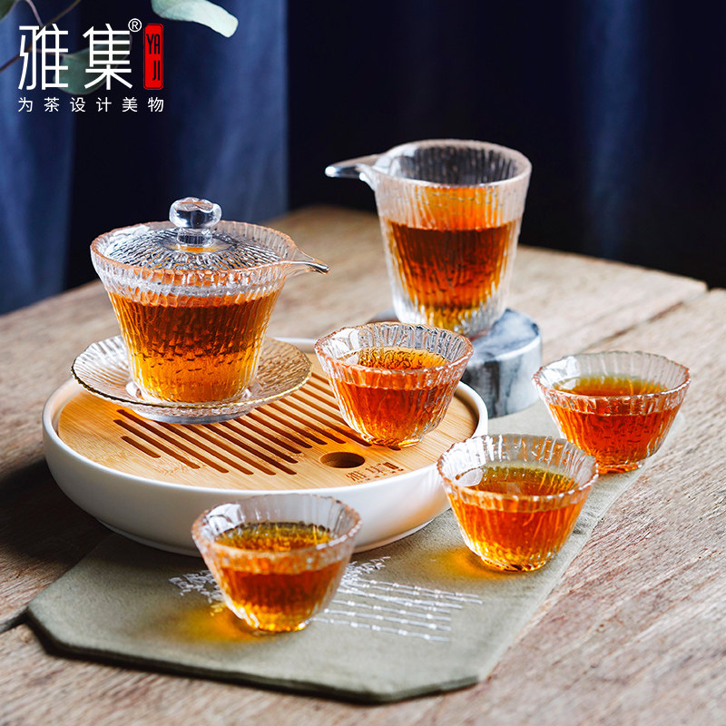 雅集茶具日式竹节锤纹玻璃盖碗公道杯分器喝茶杯功夫简易茶具套装图片