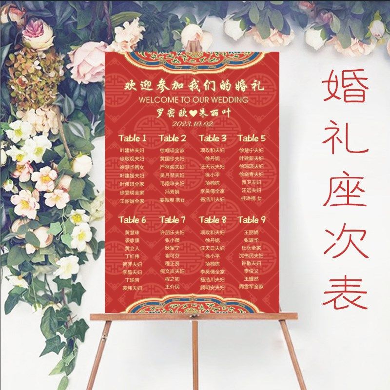 中式婚礼席位图定制 红色迎宾牌设计 婚宴宾客名单板 宴会座位表K