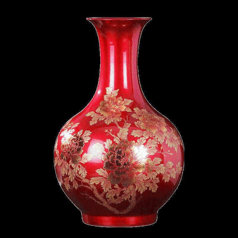 景德镇陶瓷器花瓶摆件中国红色插花中式家居客厅装饰品工艺品瓷瓶