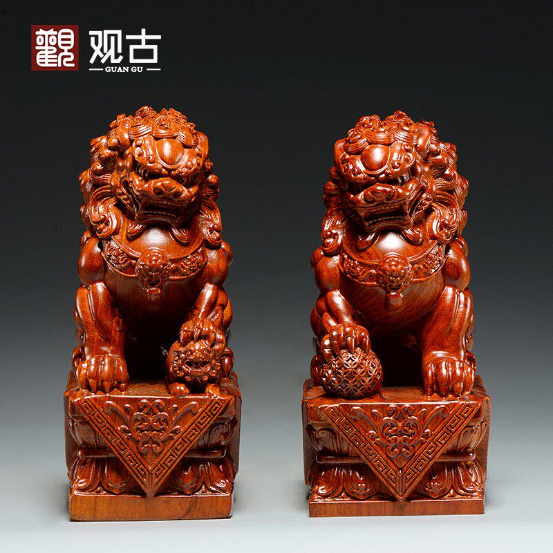 花梨木狮子雕刻一对北京狮摆件家居办公室装饰工艺品店铺开业送礼