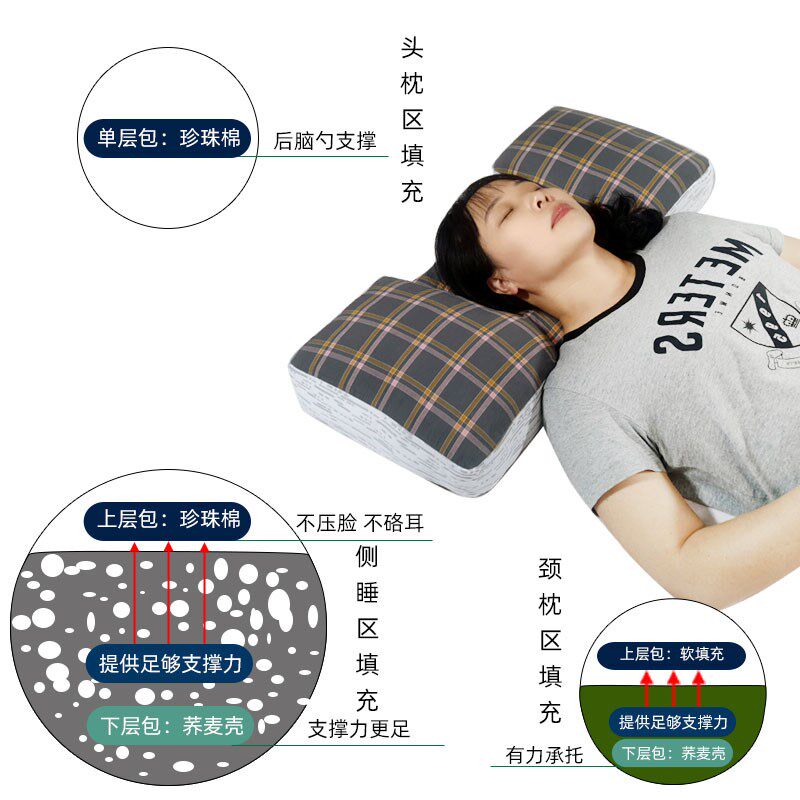 侧睡高枕头护颈椎助睡眠肩颈曲度恢复荞麦壳硬枕颈枕支撑睡觉专用