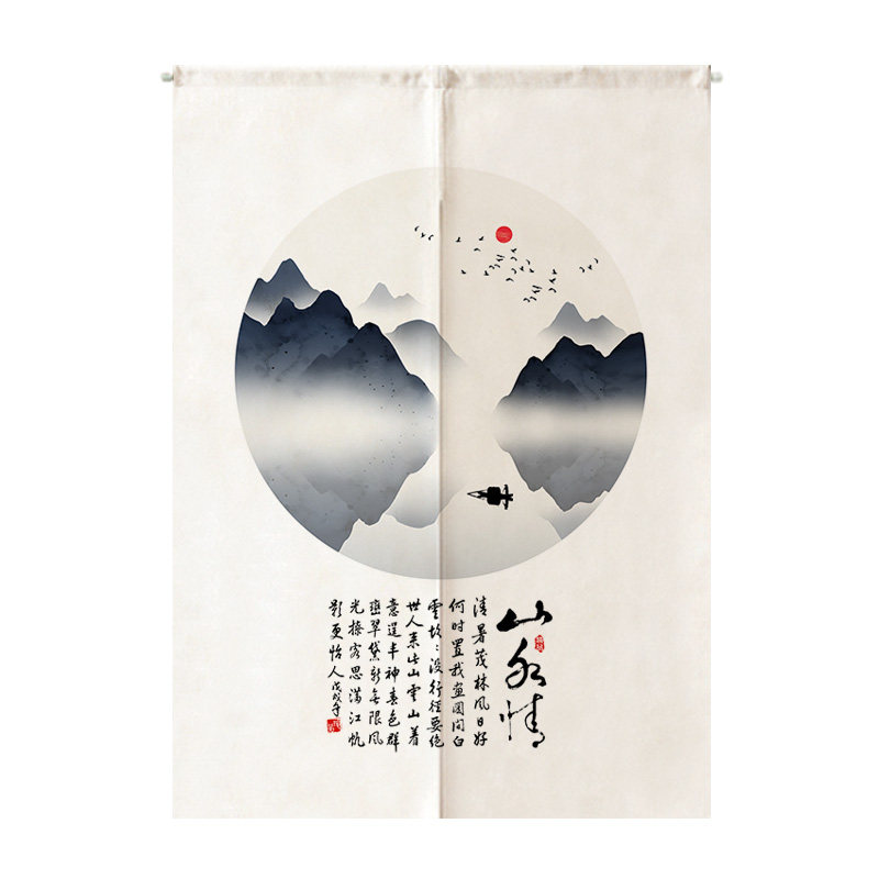 中式山水门帘厨房防油烟布艺家用帘子隔断屏风装饰布帘厕所免打孔