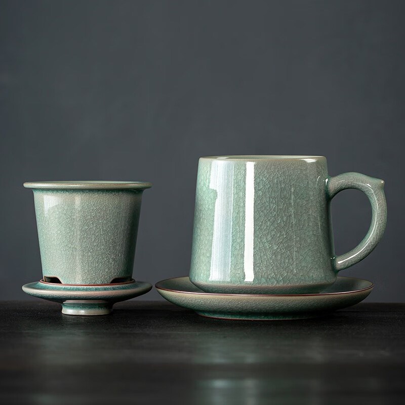 金镶玉茶具黄守良玲珑影青三件杯家用茶杯会议办公高档茶水分离杯