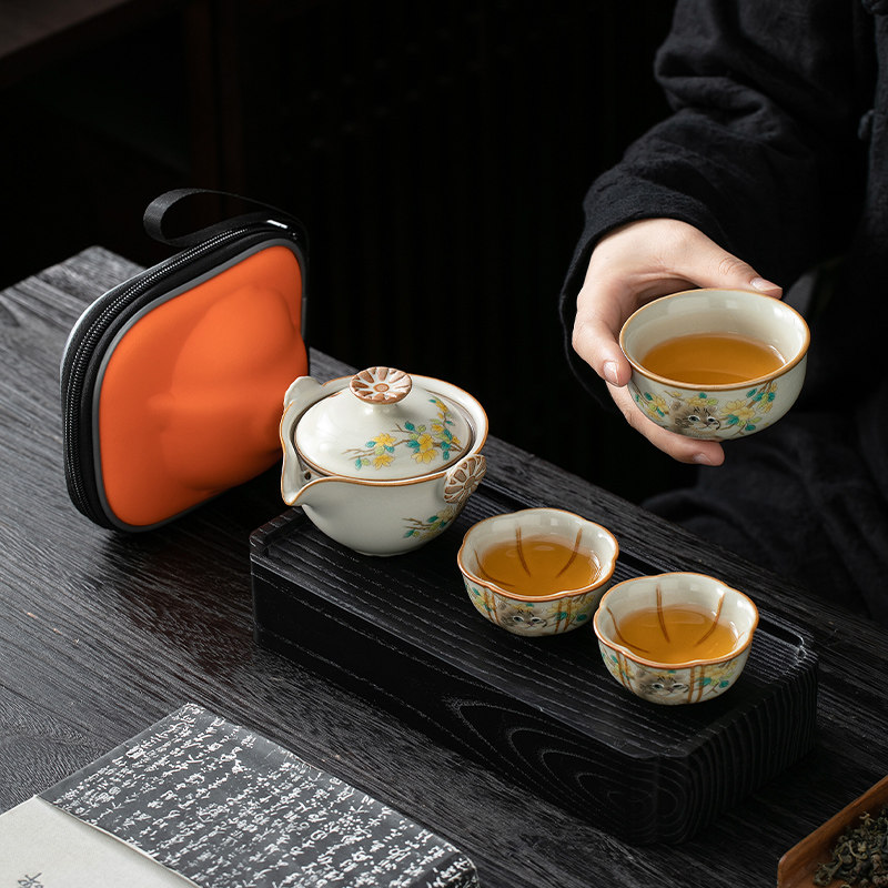 汝窑便携式旅行茶具小套装手抓泡茶壶茶杯女士猫咪户外露营快客杯