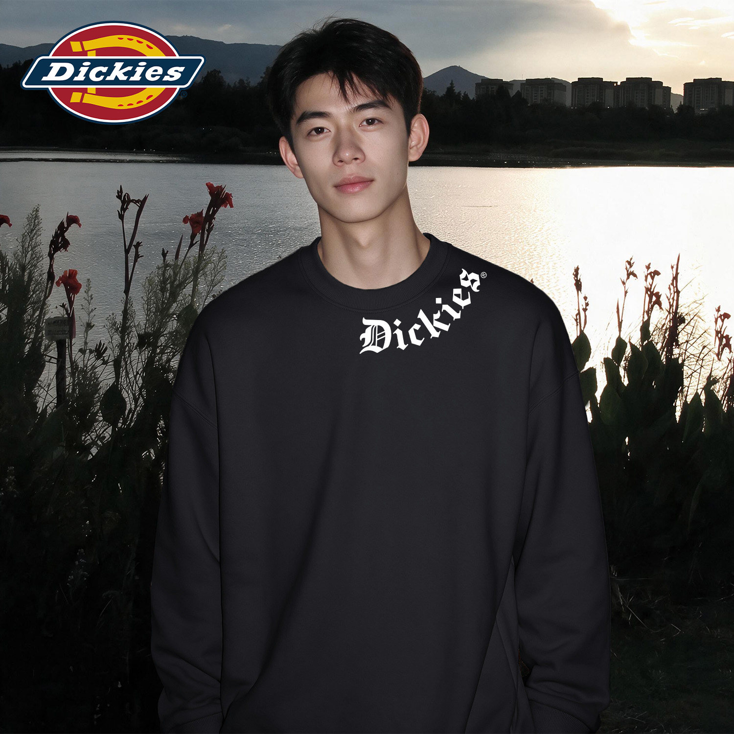 Dickies黑色圆领卫衣领口印花男