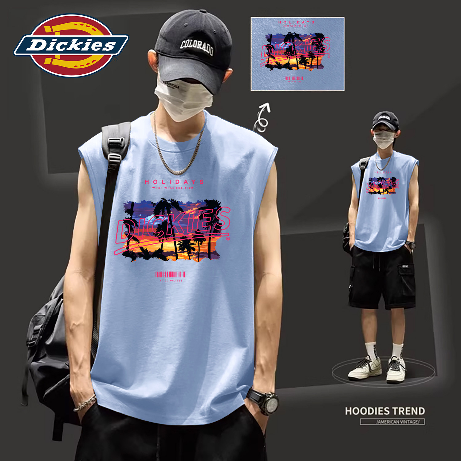 Dickies蓝色纯棉无袖背心男