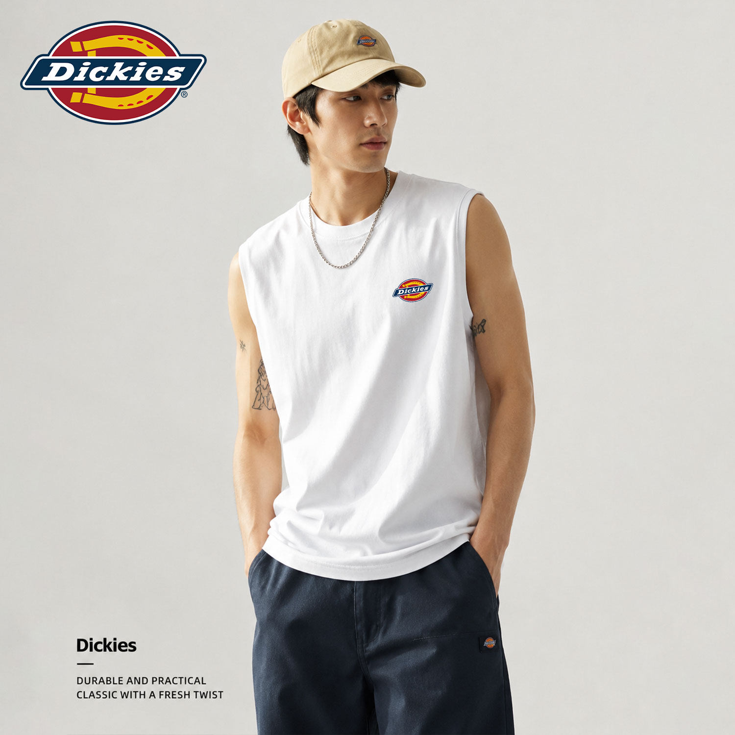 Dickies白色纯棉无袖背心男生2026新款夏季宽松套头运动休闲汗衫