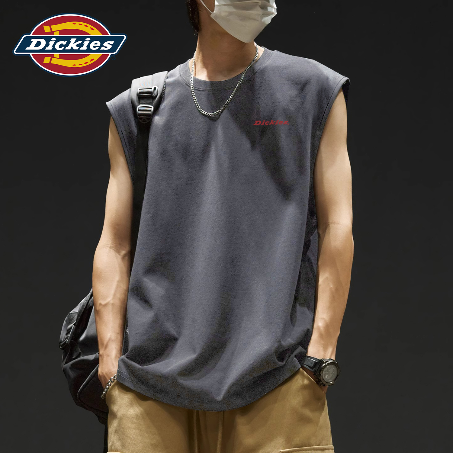 Dickies深灰色纯棉无袖背心男2026新款夏季薄款跑步运动透气上衣