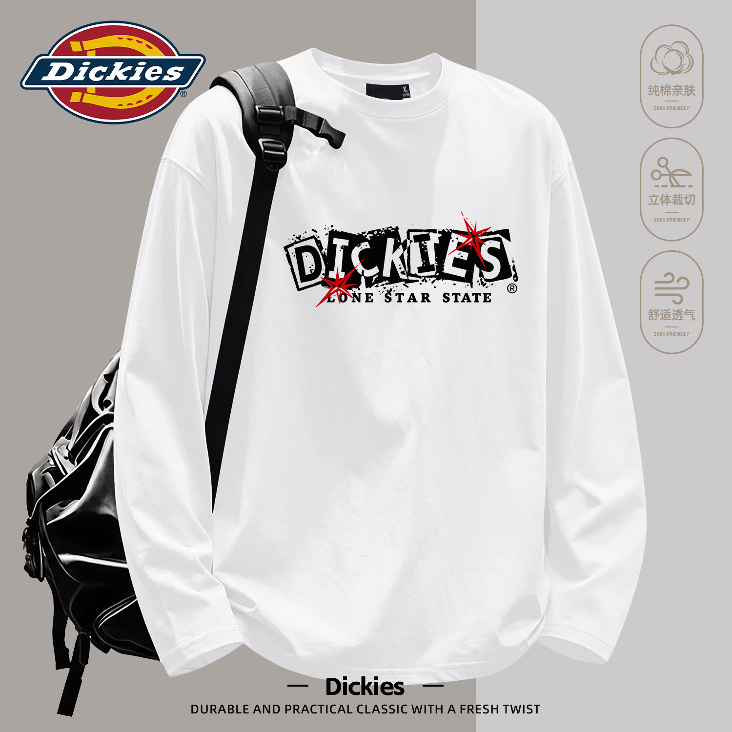 Dickies男生白色纯棉长袖2026秋季新款字母印花美式复古街头T恤
