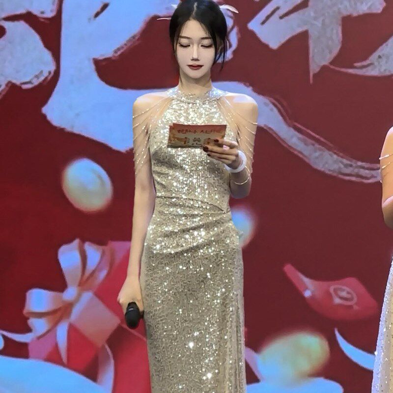主持人晚礼服裙女2025新款爆闪毕业典礼宴会气质亮片连衣裙高级感
