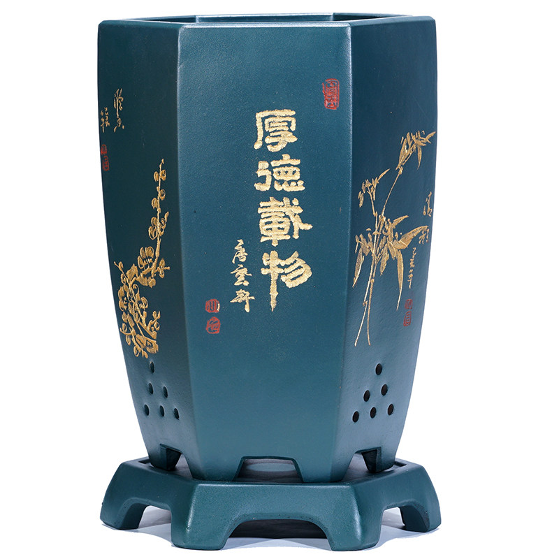 宜兴紫砂花盆吊兰花盆带底座大号六方手工绿萝盆景盆古典陶瓷透气