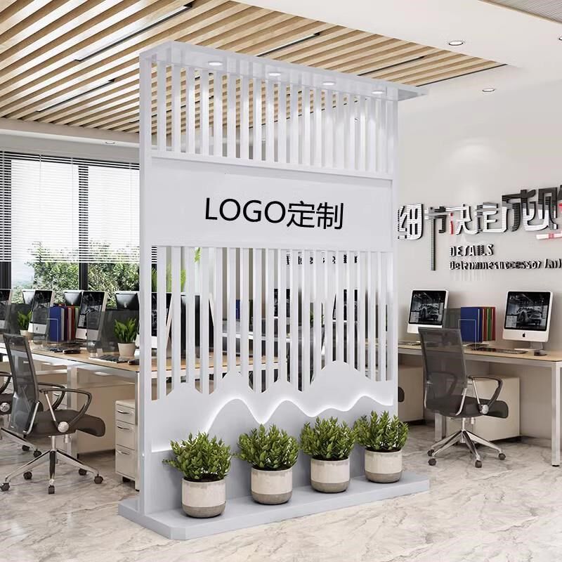 前台铁艺简约入户玄关屏风背景公司办公室进门隔断移动LOGO形象墙