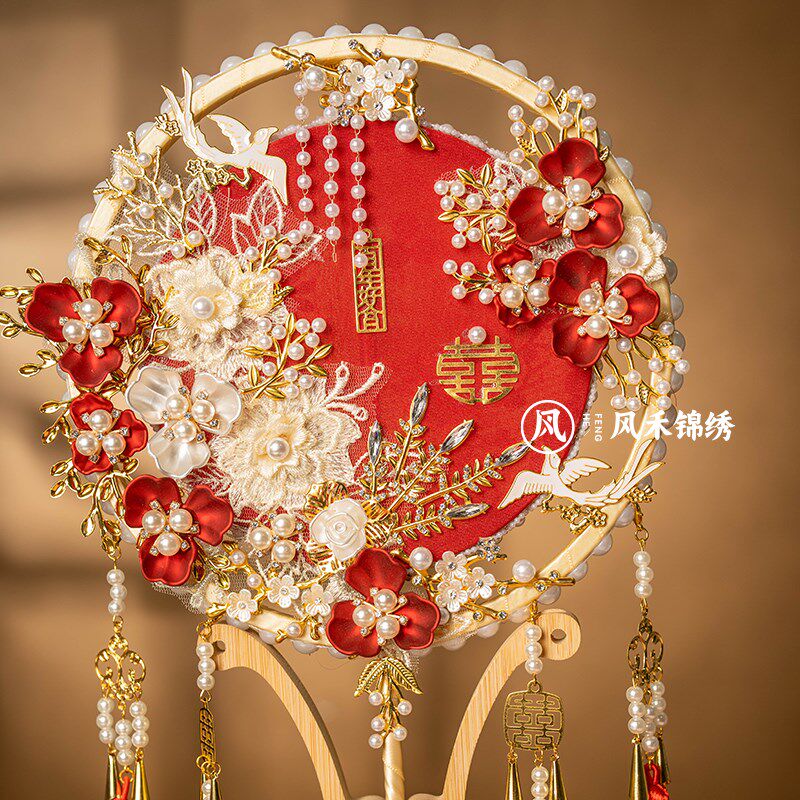 新娘结婚团扇秀禾服diy材料包婚礼高级双面红色感遮面扇成品扇子