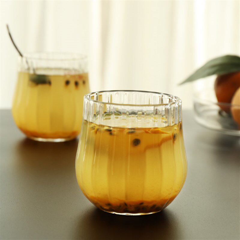 日式耐热棱纹水杯玻璃杯透明杯子家用泡花茶杯早餐果汁牛奶咖啡杯