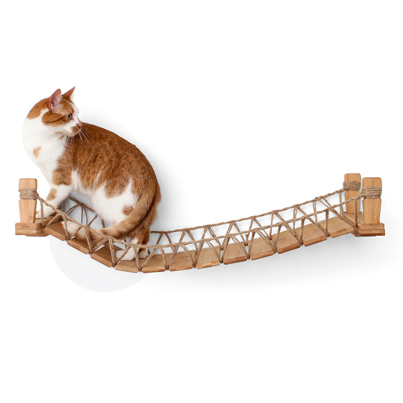 挂壁式猫爬架麻绳软梯实木猫墙爬架 板栗色黑色猫吊桥
