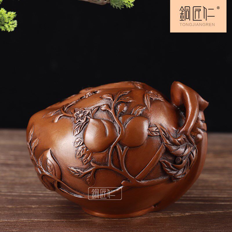 铜匠仁紫铜桃形水滴摆件铜寿桃水壶创意家用送老人长辈生日贺寿