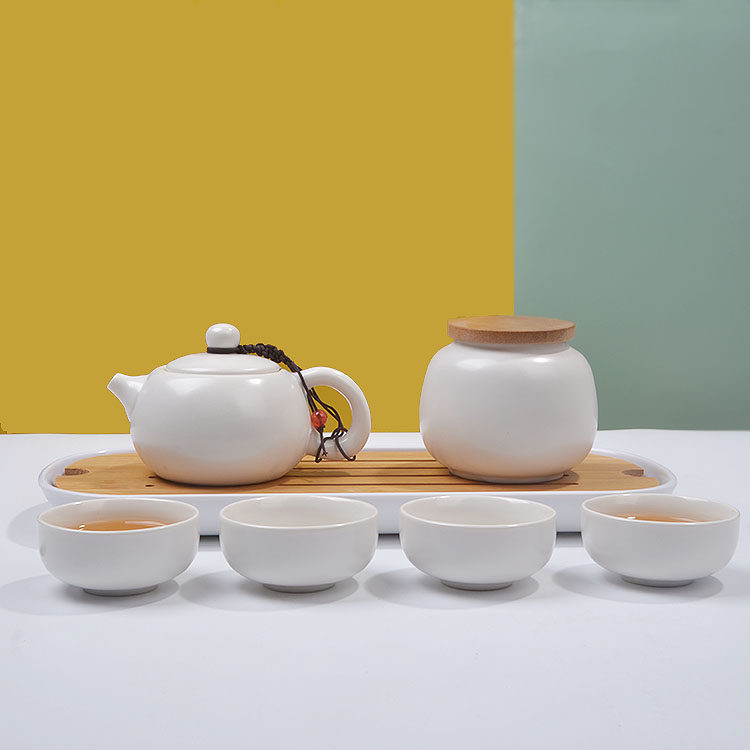 日式白瓷一壶二杯茶具套装个四人两杯旅行办公茶杯日式茶具竹酒店