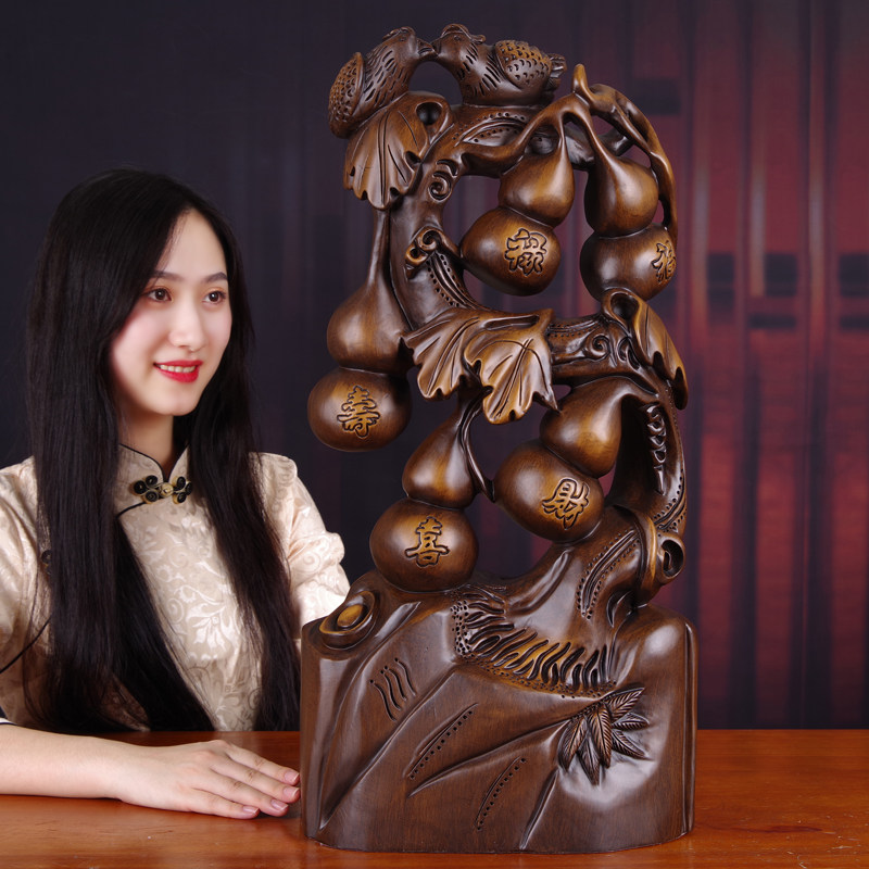 五福葫芦摆件实木雕刻手工艺品客厅玄关电视酒柜装饰乔迁新居礼品