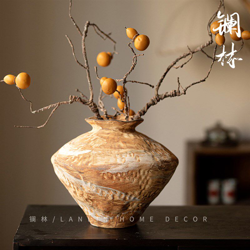 新中式复古陶瓷花瓶景德镇侘寂风手工粗陶罐禅意花器摆件橘子洲头