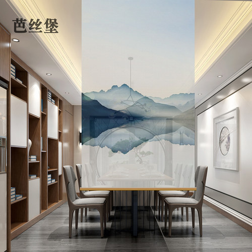 新中式窗帘卷帘子挂式屏风软隔断玄关客厅酒店茶室半透明定制山水