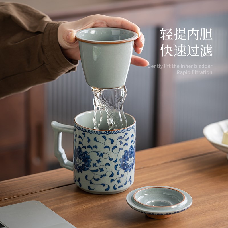 米黄汝窑办公杯茶杯大号支持订制logo马克杯水杯茶水分离汝窑紫砂