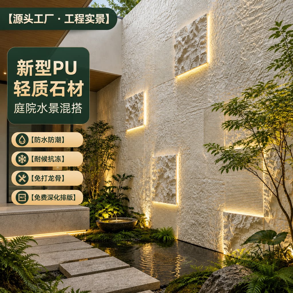 PU石皮混搭免费设计天井外墙背景墙流水石山岩石蘑菇石仿真石材板