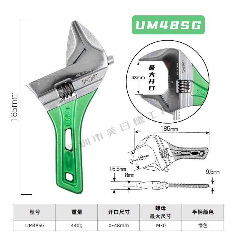 日本虾牌万能轻薄大开口活动扳手短柄小扳子UM24SG/30SG/36SG48SG