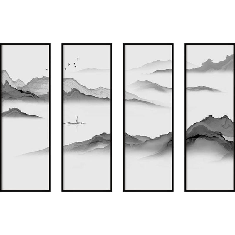 新中式装饰画客厅沙发背景墙茶室墙面挂画晶瓷山水画四联水墨壁画