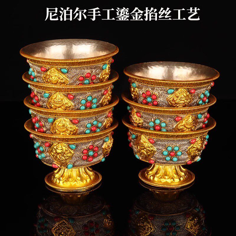 尼泊尔掐丝手工纯铜供水碗藏式供水杯圣水杯镶嵌宝石七供杯摆件