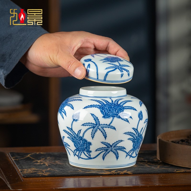 茶叶罐醒茶罐景德镇陶瓷手绘青花秋葵纹天字罐小号家用存储罐茶罐
