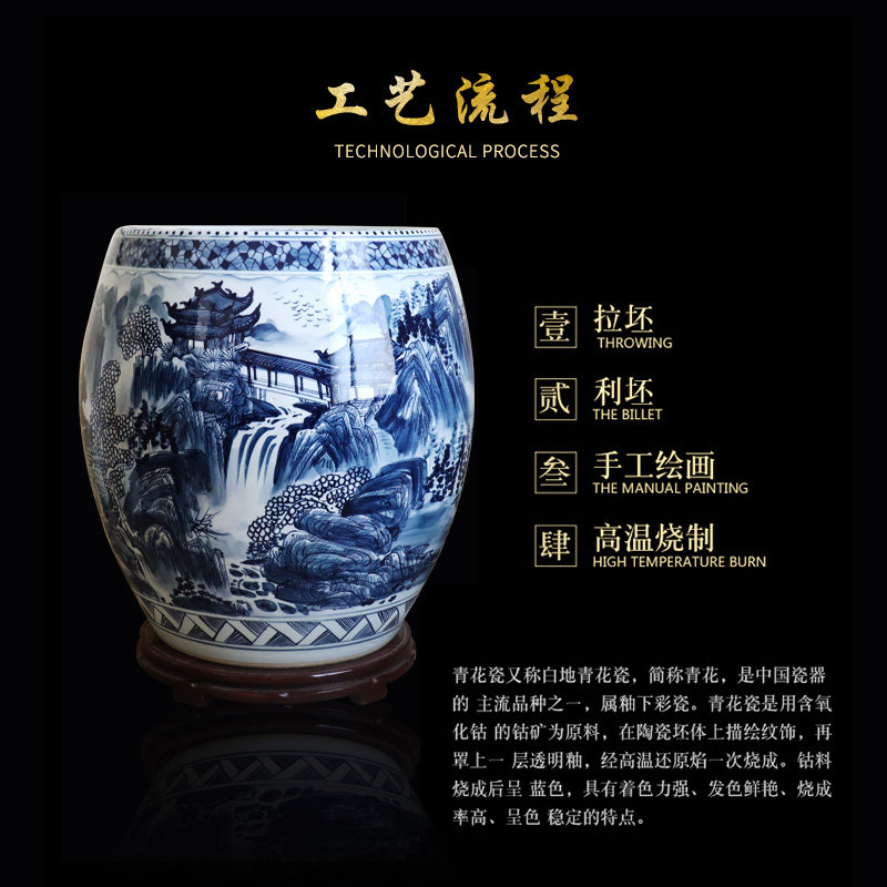 景德镇陶瓷器手绘青花瓷画缸收纳筒字画桶箭筒卷轴缸书画山水冬瓜