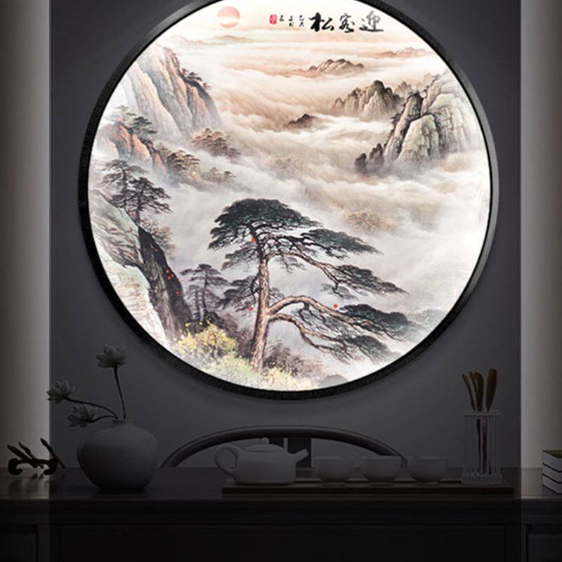 定制通体壁画发光带灯装饰画新中式圆形客厅入户挂画玄关LED灯箱