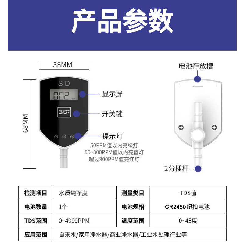 管线式TDS水质检测笔 嵌入式在线自动TDS测试器纯净水RO机水质