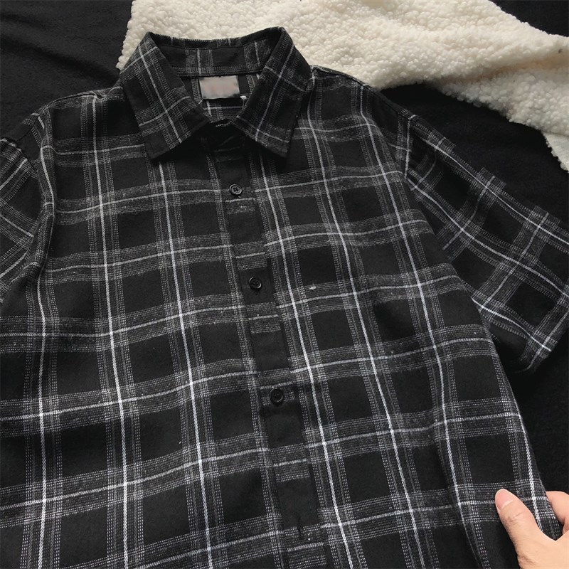 黑色格子短袖衬衫男夏季男士黑衬衣黑格衣服男款黑白格纹有领上衣