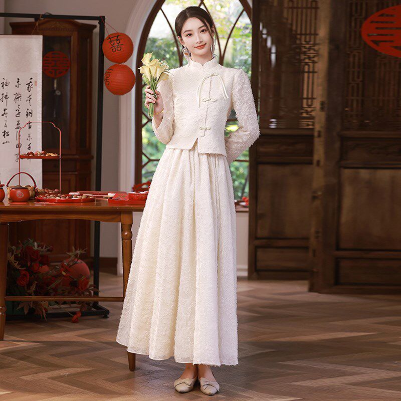 新中式伴娘服女2024新款冬季长袖姐妹服伴娘团礼服裙气质平时可穿