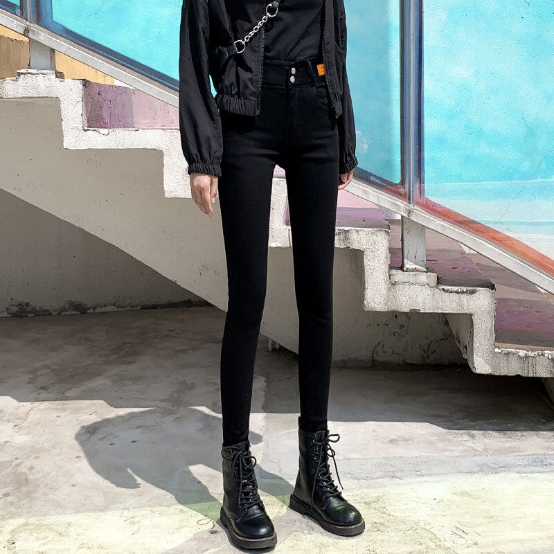 高腰黑色加绒牛仔裤女秋冬2024年新款显瘦紧身小个子铅笔小脚裤子