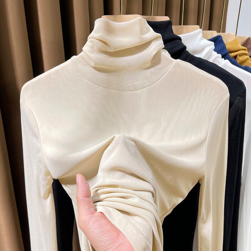 白色高领网纱打底衫女长袖春秋2024新款洋气内搭小衫显瘦薄款纱衣