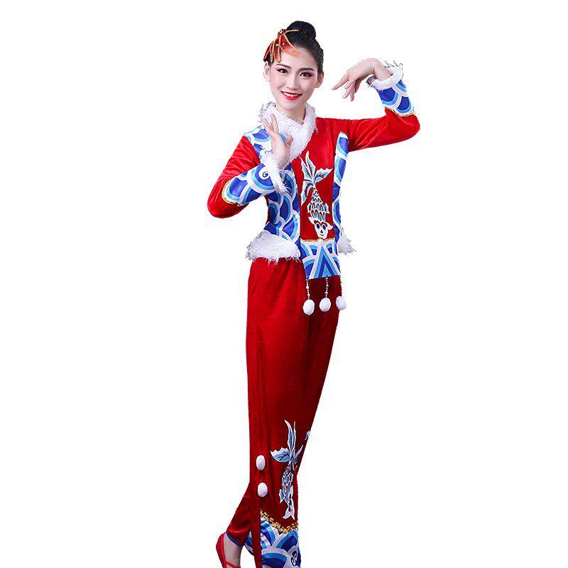 秧歌舞演出服装女中老年打腰鼓舞蹈服冬季喜庆民族表演服新款套装