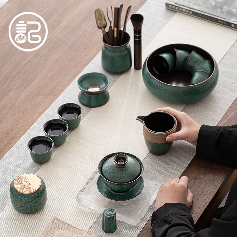 记今朝《绿色》功夫茶具套装 家用办公 陶瓷盖碗泡茶壶茶杯整套