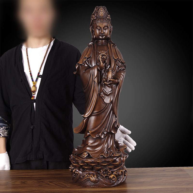 实木雕观音摆件黑檀木质站像柳枝观世音菩萨神像家用供奉观音佛像