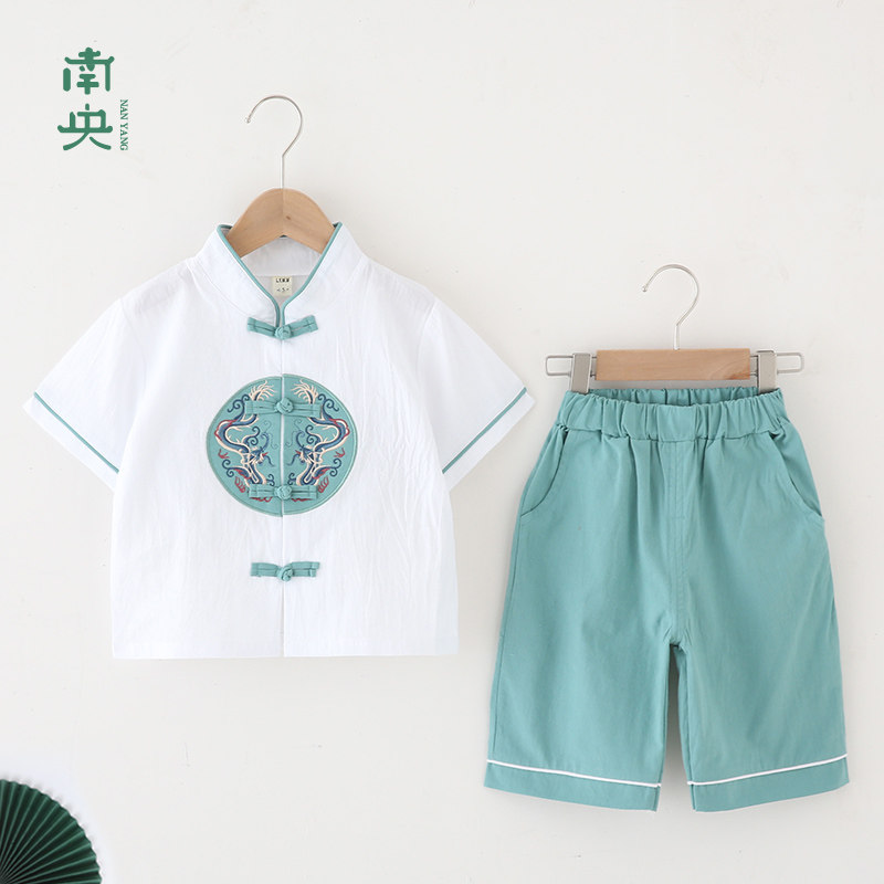 古风童装汉服男童夏装薄款小童唐装短袖套装男孩国学服复古少爷服